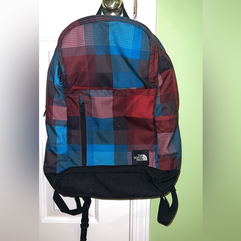 The North Face Red and Blue Plaid Backpack